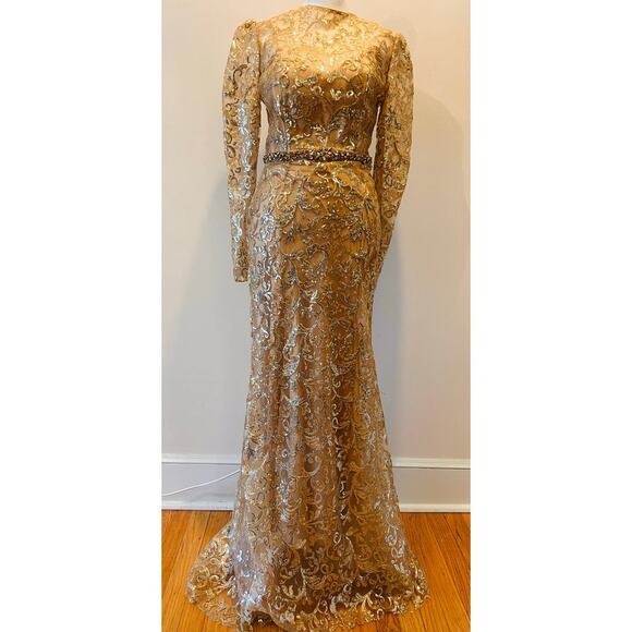 Mac Duggal Dresses & Skirts - NWT Mac Duggal Gold Overlay Long Sleeve High Neck Floor Length Gown US 4